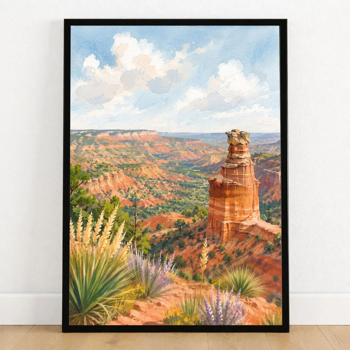 Palo Duro Canyon State Park Lighthouse rock formation watercolour art print in a black frame on a wooden floor
