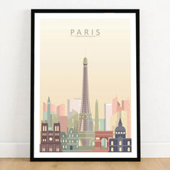 Paris city skyline art print in a black frame on a wooden floor