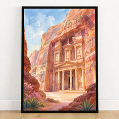Petra Treasury in the rock watercolour art print in a black frame on a wooden floor