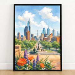 Philadelphia skyline and Ben Franklin Parkway watercolour art print in a black frame on a wooden floor