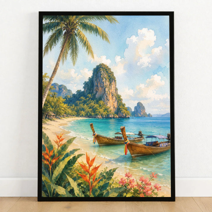 Phuket longtail boats and limestone cliffs watercolour art print in a black frame on a wooden floor