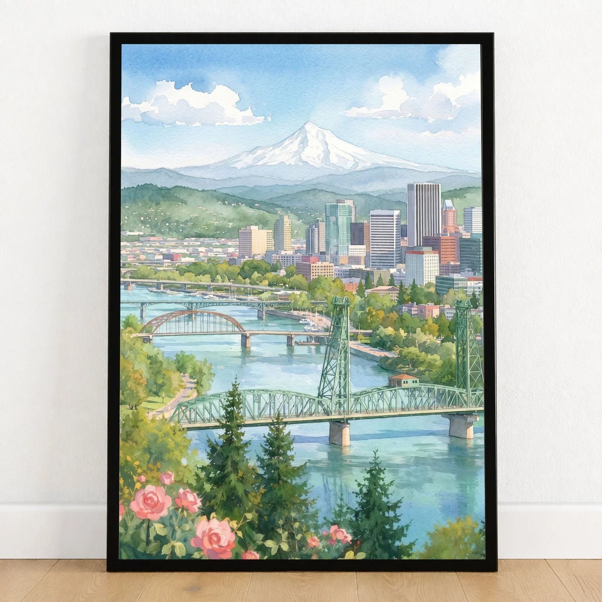 Portland Mount Hood and Willamette bridges watercolour art print in a black frame on a wooden floor