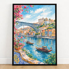 Porto Dom Luís I Bridge and rabelo boats watercolour art print in a black frame on a wooden floor