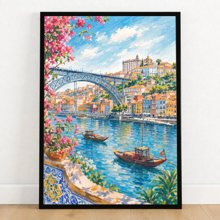 Porto Dom Luís I Bridge and rabelo boats watercolour art print in a black frame on a wooden floor