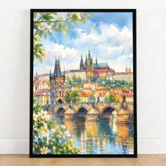 Prague Charles Bridge and Prague Castle watercolour art print in a black frame on a wooden floor