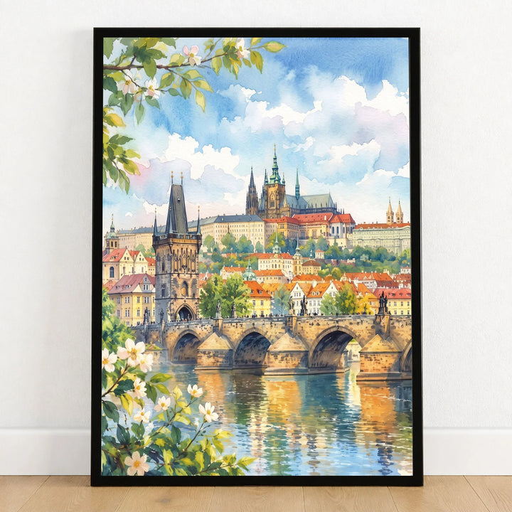 Prague Charles Bridge and Prague Castle watercolour art print in a black frame on a wooden floor