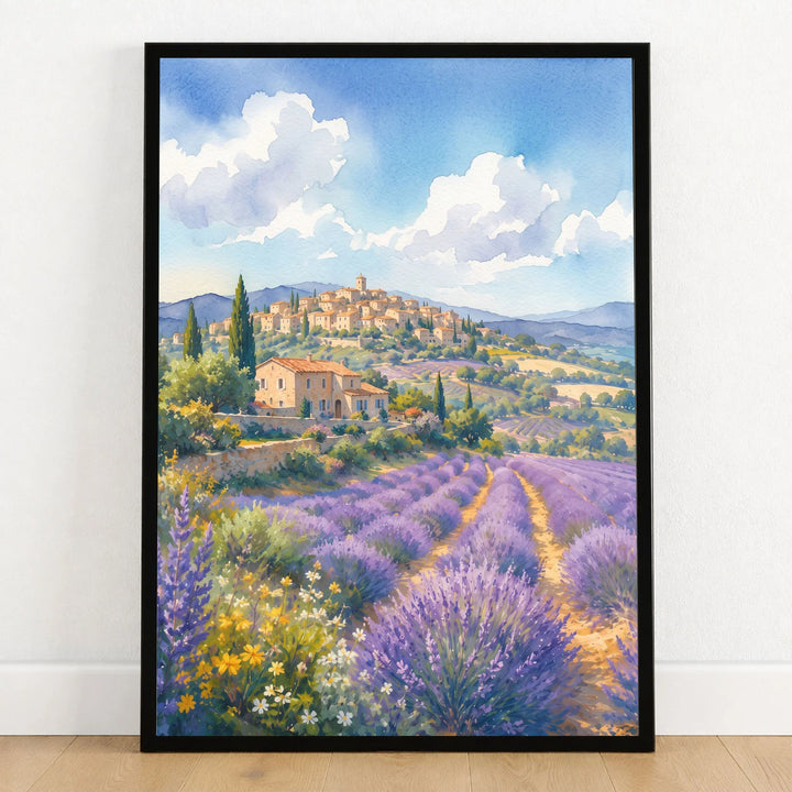 Provence lavender fields and hilltop village watercolour art print in a black frame on a wooden floor