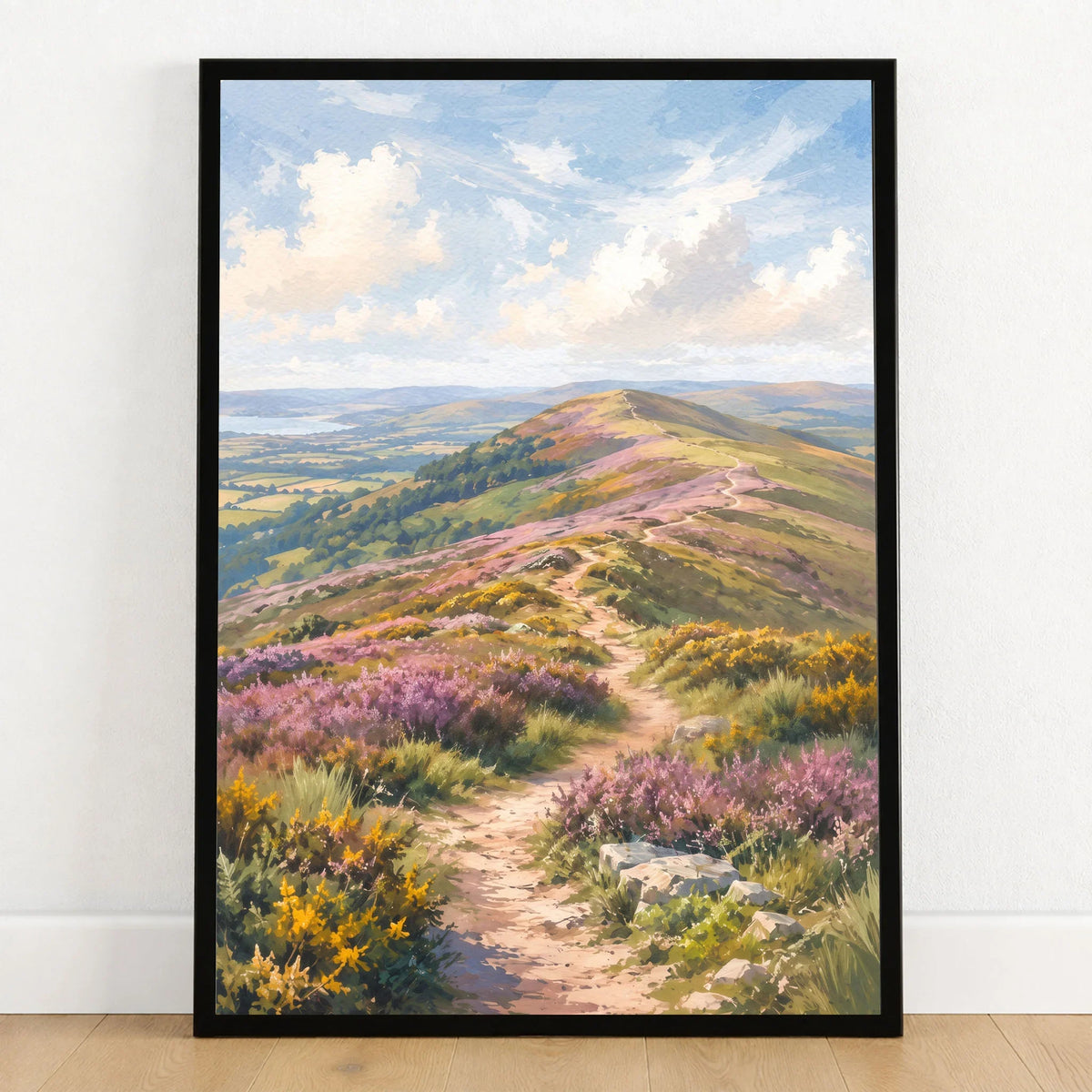 Quantock Hills heather hilltop path watercolour art print in a black frame on a wooden floor