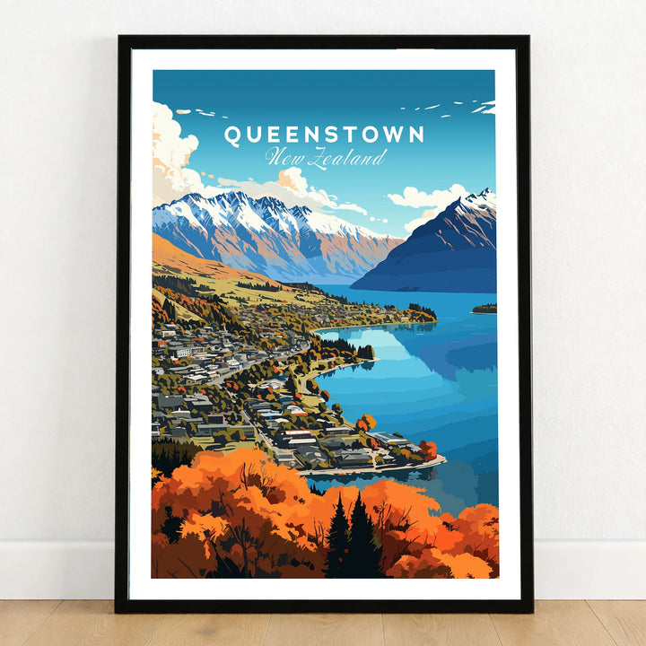 Queenstown New Zealand Lake Wakatipu in autumn vintage travel poster in a black frame on a wooden floor