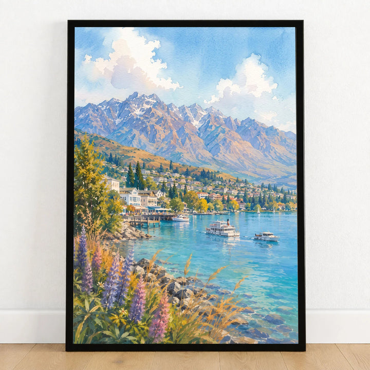 Queenstown Lake Wakatipu, Remarkables and lupins watercolour art print in a black frame on a wooden floor