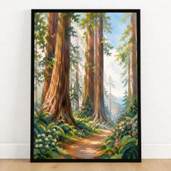 Redwood National Park giant redwoods and forest trail watercolour art print in a black frame on a wooden floor