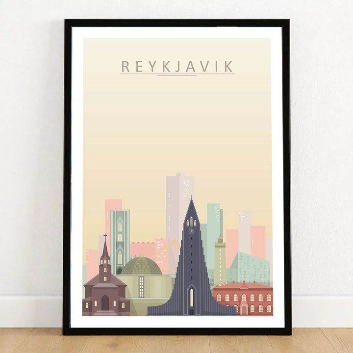 Reykjavik city skyline art print in a black frame on a wooden floor