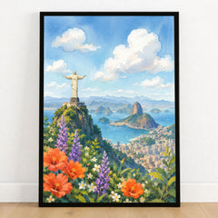 Rio de Janeiro Christ the Redeemer and Sugarloaf watercolour art print in a black frame on a wooden floor