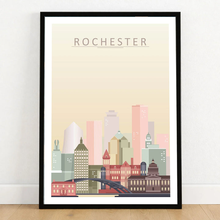 Rochester city skyline art print in a black frame on a wooden floor
