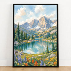 Rocky Mountain National Park alpine lake below rugged peaks watercolour art print in a black frame on a wooden floor