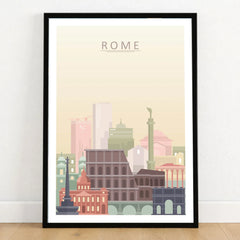 Rome city skyline art print in a black frame on a wooden floor