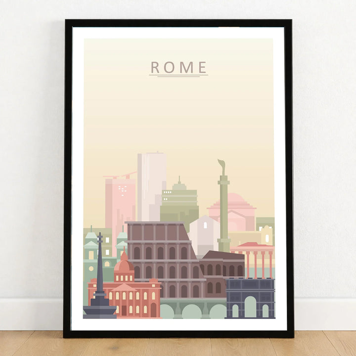Rome city skyline art print in a black frame on a wooden floor