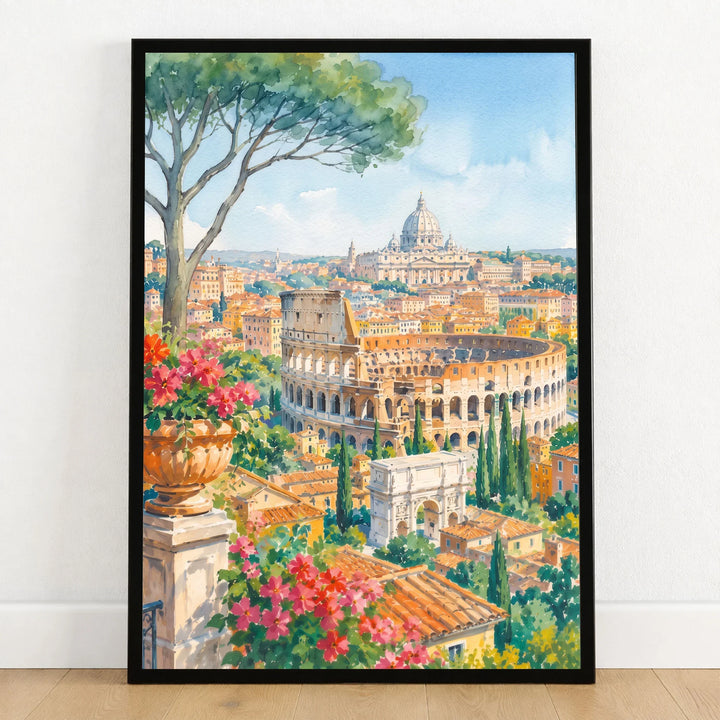Rome Colosseum and St Peter's dome watercolour art print in a black frame on a wooden floor