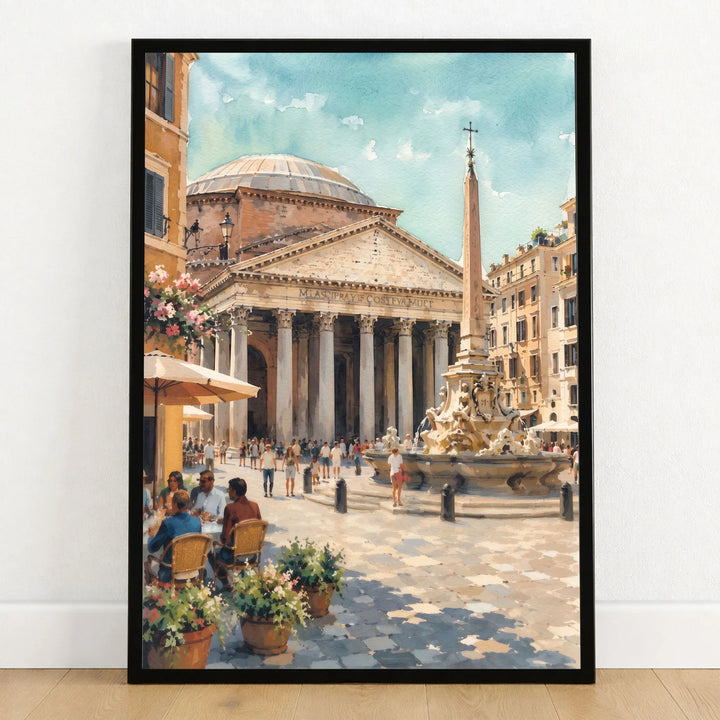Rome Pantheon and piazza fountain watercolour art print in a black frame on a wooden floor