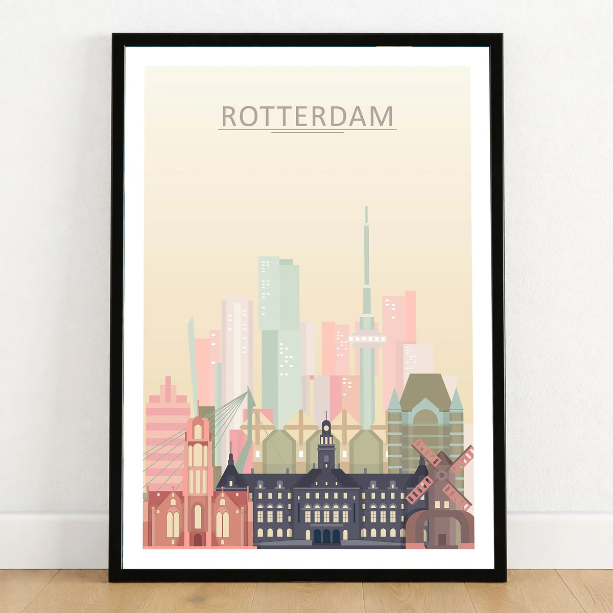 Rotterdam city skyline art print in a black frame on a wooden floor