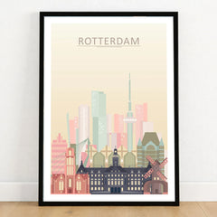 Rotterdam city skyline art print in a black frame on a wooden floor