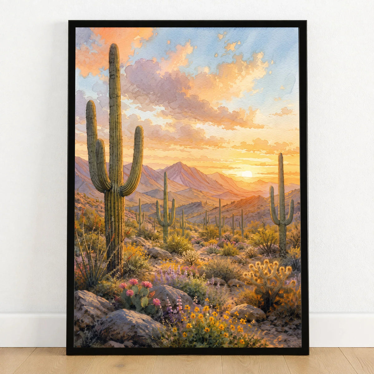 Saguaro National Park saguaro cacti at sunset watercolour art print in a black frame on a wooden floor