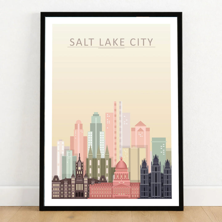 Salt Lake City city skyline art print in a black frame on a wooden floor