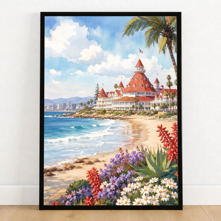 San Diego Hotel del Coronado and beach watercolour art print in a black frame on a wooden floor
