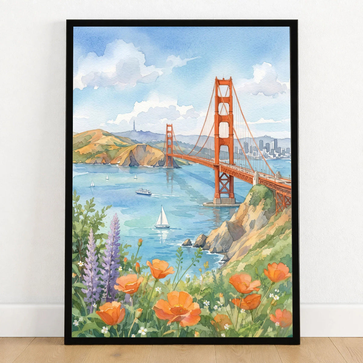 San Francisco Golden Gate Bridge and poppies watercolour art print in a black frame on a wooden floor