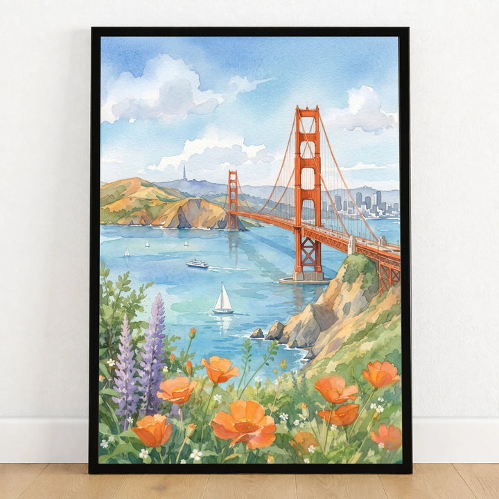 San Francisco Golden Gate Bridge and poppies watercolour art print in a black frame on a wooden floor