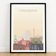 Santander city skyline art print in a black frame on a wooden floor