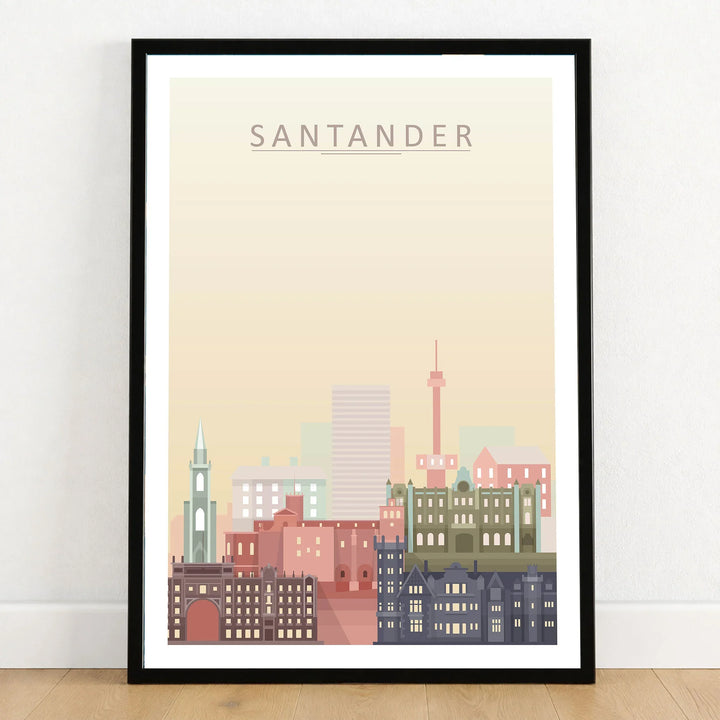 Santander city skyline art print in a black frame on a wooden floor