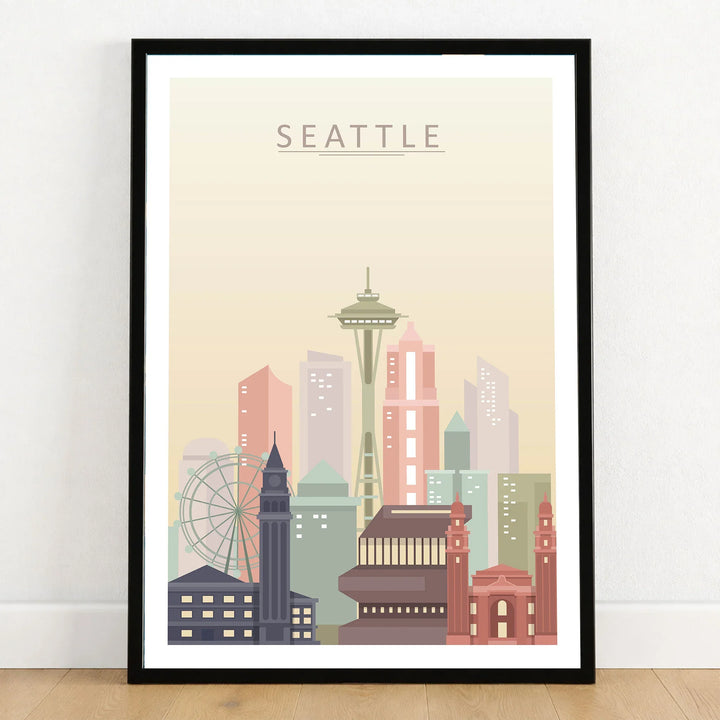 Seattle city skyline art print in a black frame on a wooden floor