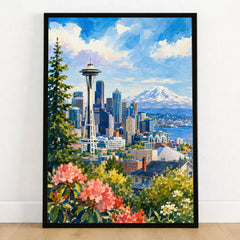 Seattle Space Needle and Mount Rainier watercolour art print in a black frame on a wooden floor