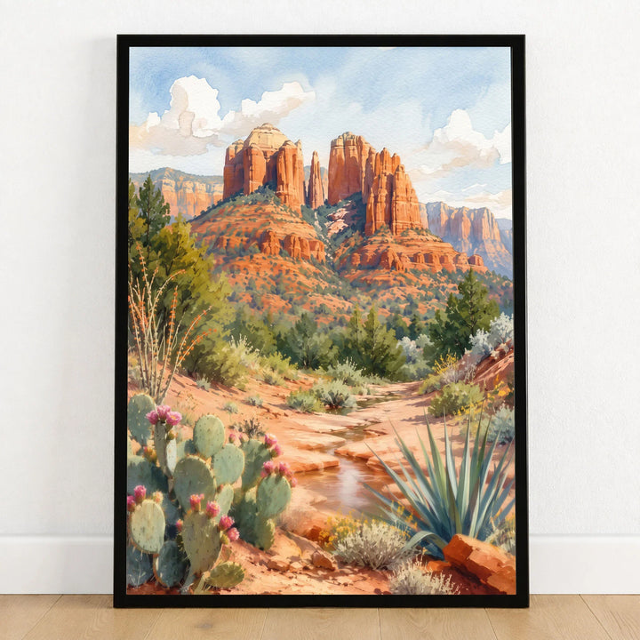Sedona Cathedral Rock watercolour art print in a black frame on a wooden floor