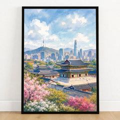 Seoul Gyeongbokgung Palace and skyline watercolour art print in a black frame on a wooden floor