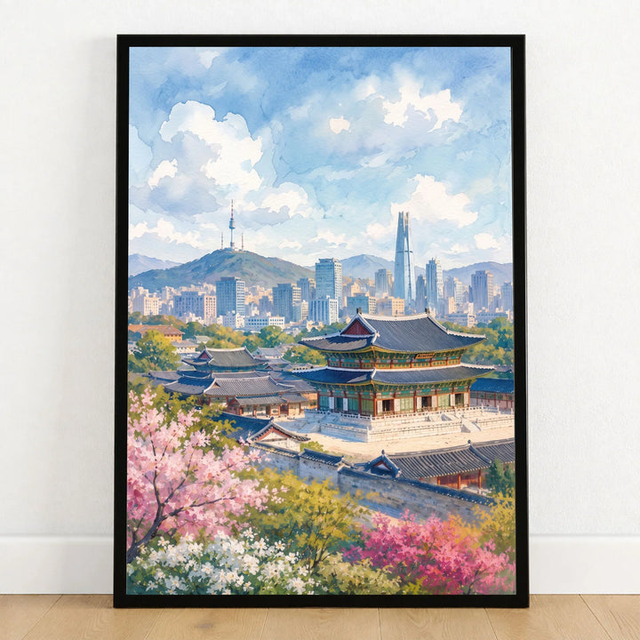 Seoul Gyeongbokgung Palace and skyline watercolour art print in a black frame on a wooden floor