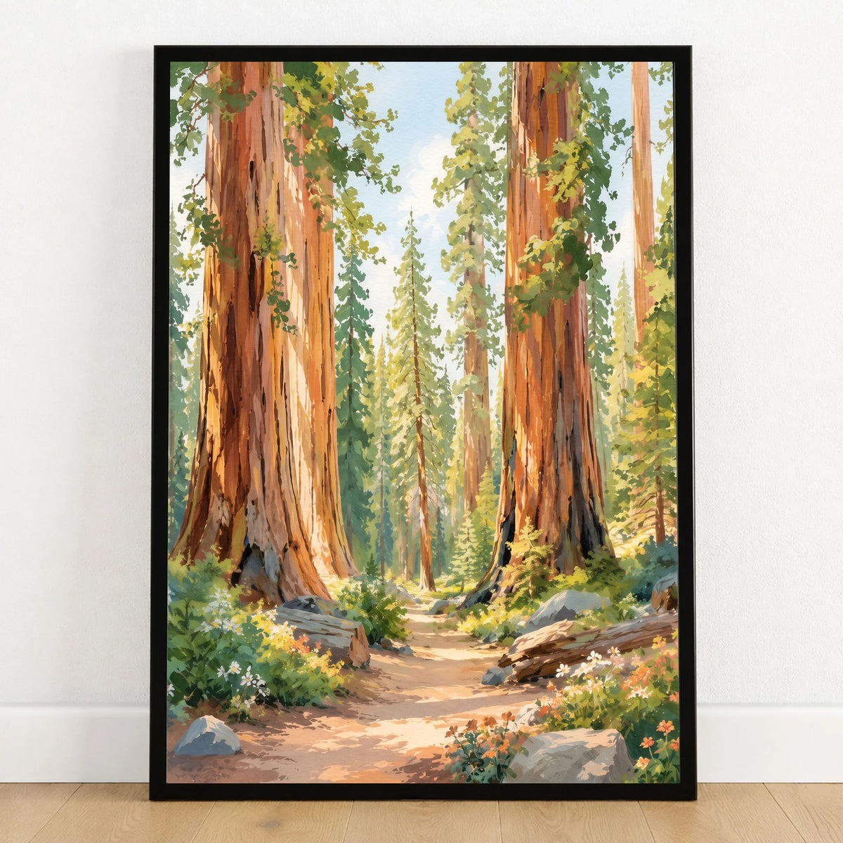 Sequoia National Park giant sequoias and forest trail watercolour art print in a black frame on a wooden floor