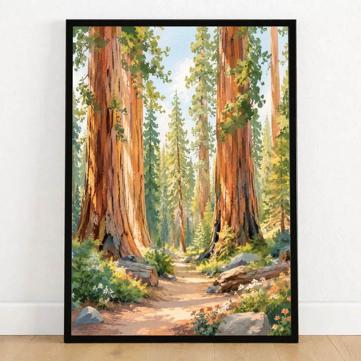 Sequoia National Park giant sequoias and forest trail watercolour art print in a black frame on a wooden floor