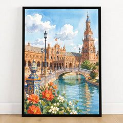 Seville Plaza de España watercolour art print in a black frame on a wooden floor