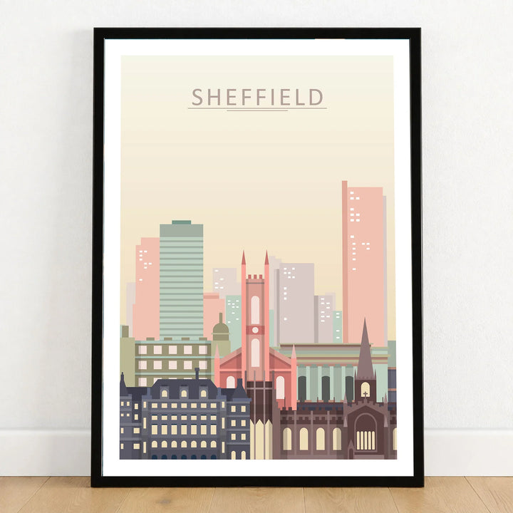 Sheffield city skyline art print in a black frame on a wooden floor