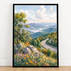 Shenandoah National Park Skyline Drive and Blue Ridge watercolour art print in a black frame on a wooden floor