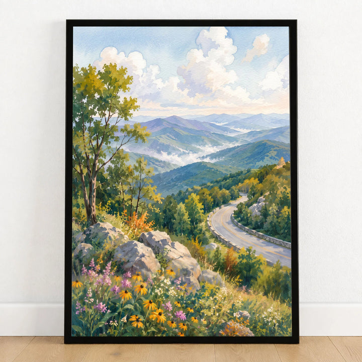 Shenandoah National Park Skyline Drive and Blue Ridge watercolour art print in a black frame on a wooden floor