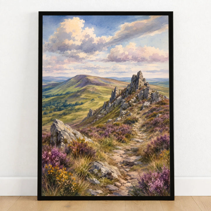 Shropshire Hills Stiperstones rocky ridge watercolour art print in a black frame on a wooden floor