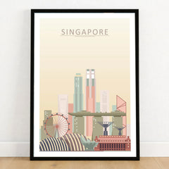 Singapore city skyline art print in a black frame on a wooden floor