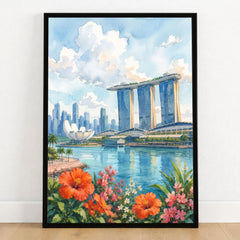 Singapore Marina Bay Sands skyline watercolour art print in a black frame on a wooden floor
