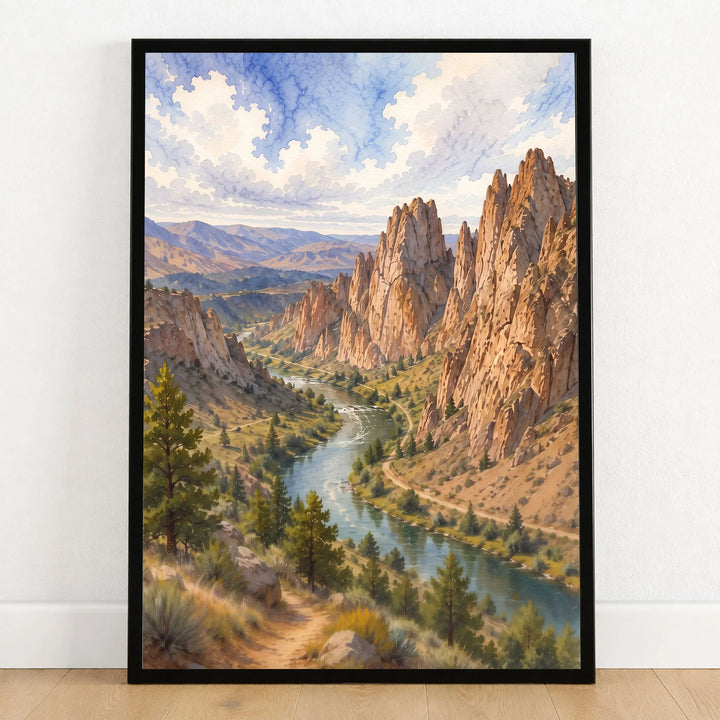 Smith Rock State Park Crooked River below the rock spires watercolour art print in a black frame on a wooden floor