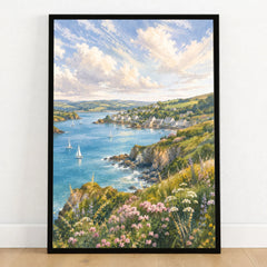 South Devon estuary village and sailing boats watercolour art print in a black frame on a wooden floor