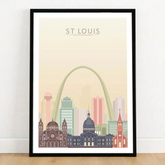 St Louis city skyline art print in a black frame on a wooden floor