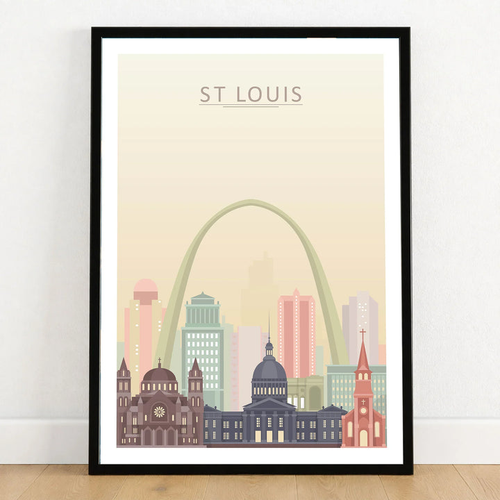 St Louis city skyline art print in a black frame on a wooden floor